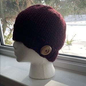 New Handmade Knitted Burgundy Beanie with Button Accent